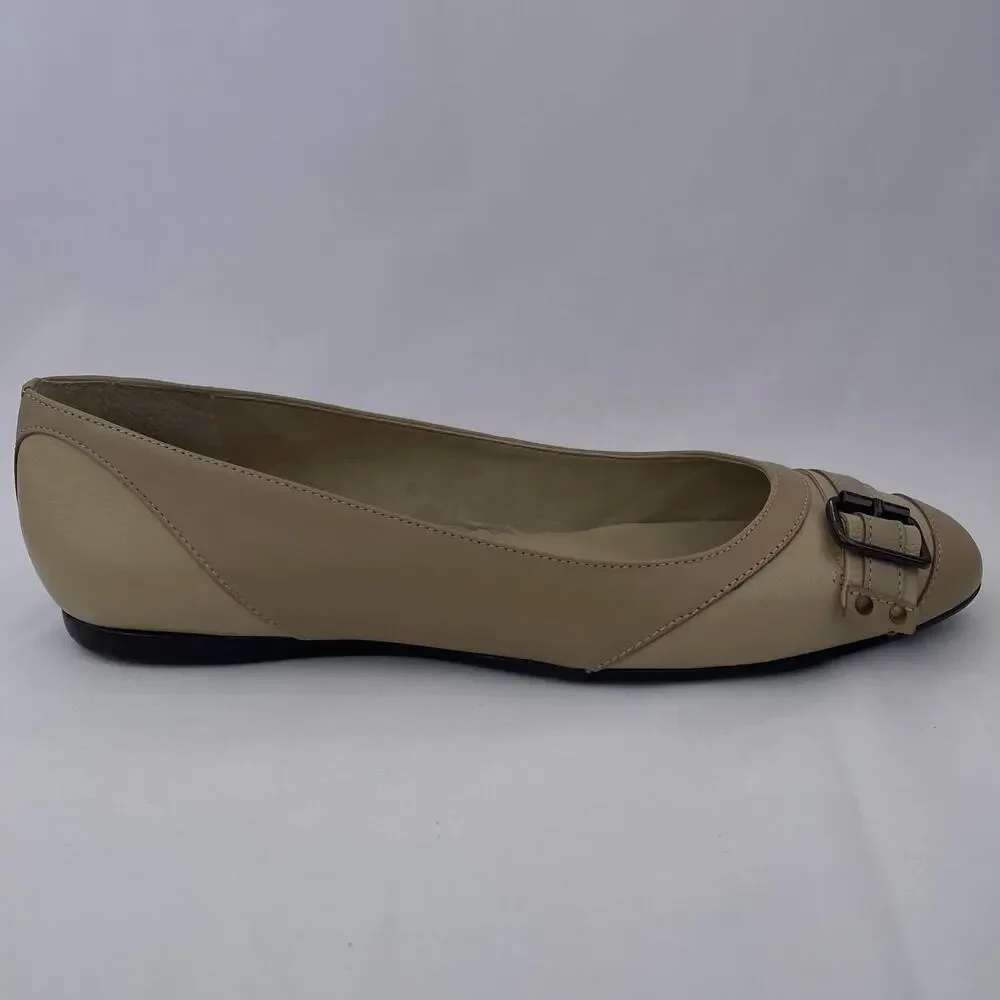 Talbots Women Tan Leather Buckle Ballet Flats Comfort Shoes Wide Width 8W